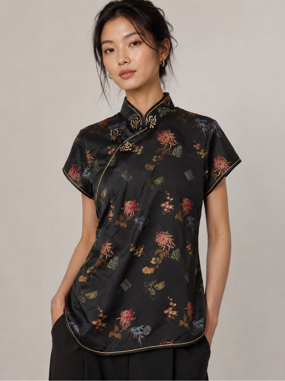 Peony Brand Shanghai China Qipao Cheongsam Style Silk Blouse Top, sz. S